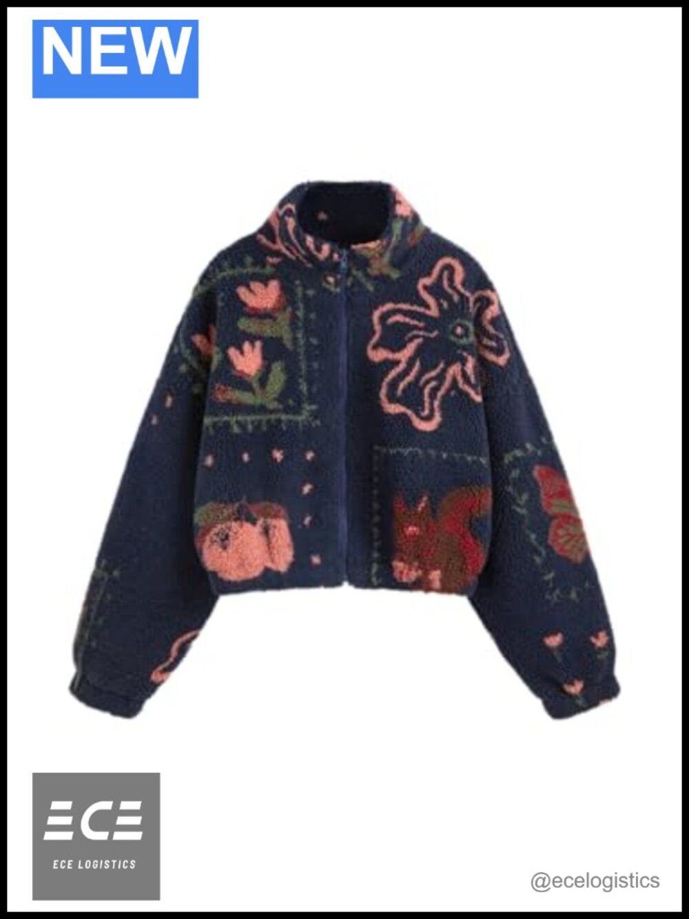 Sherpa Fleece High Neck Graphic Zip Jacket Oversized Fit Women